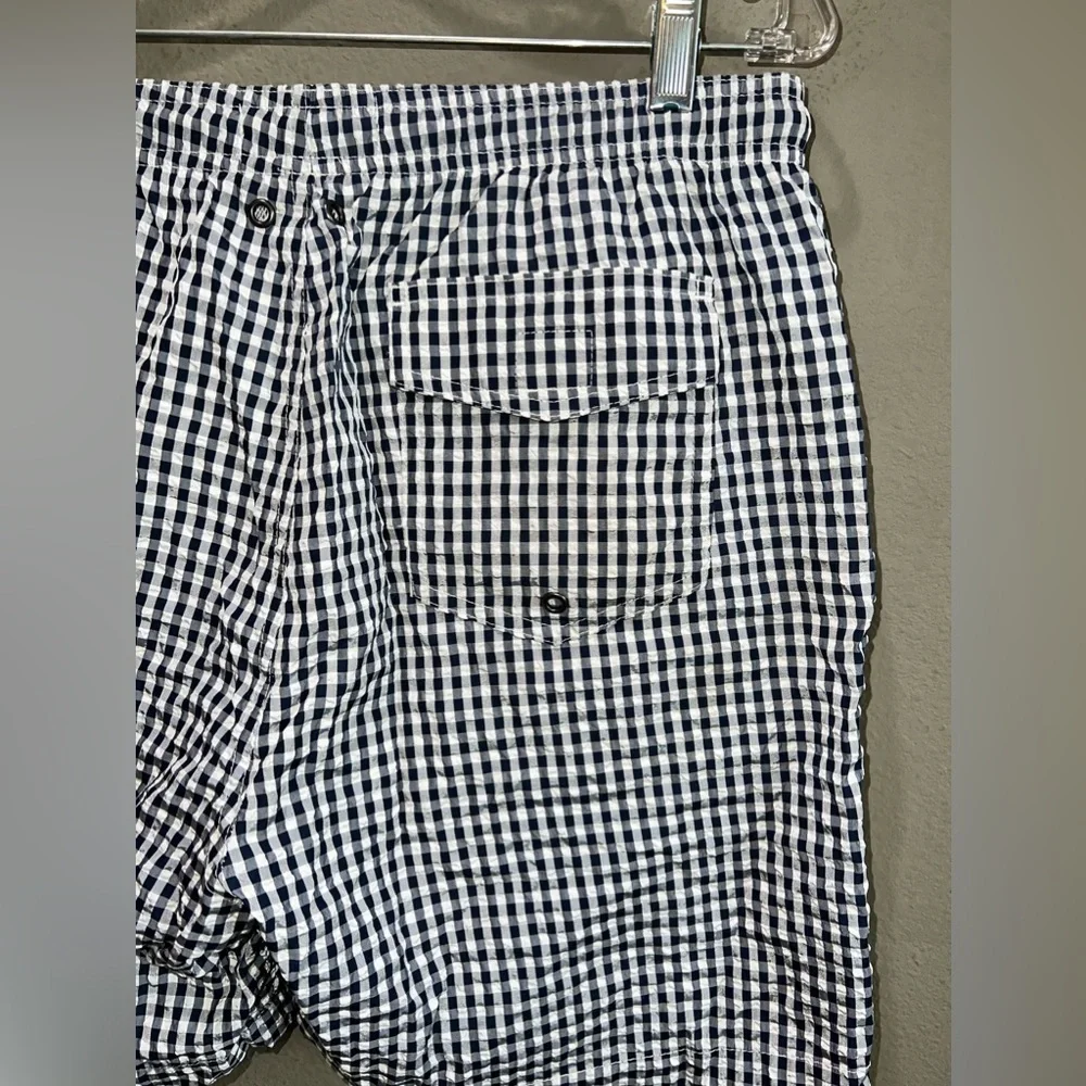Men TRUNKS Surf & Swim Co. dark blue plaid lined swim trunk size large